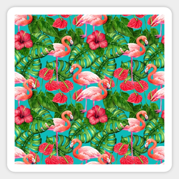 Flamingo birds and tropical garden watercolor Sticker by katerinamk